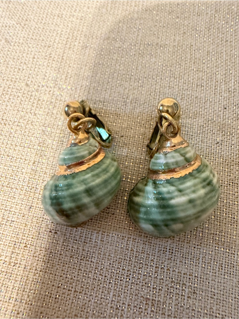 Vintage Green Shell Clip-On Earrings with Gold Accents